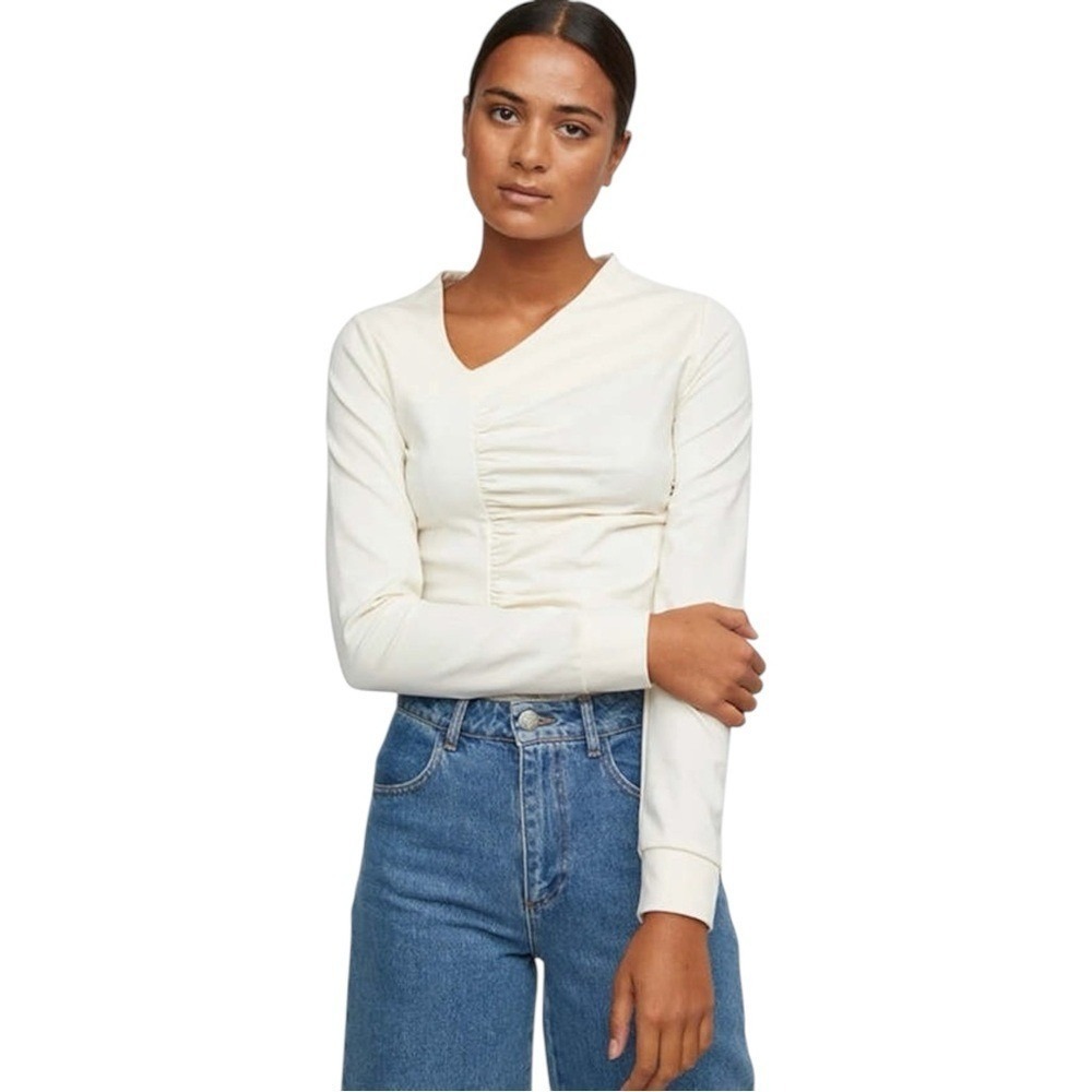 Just Female‎ Cream Envy Blouse / Asymmetrical V-Neck Ruched EcoVero Soft Shirt S
